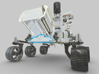 The RIMFAX instrument's antenna is highlighted in blue in this visualization