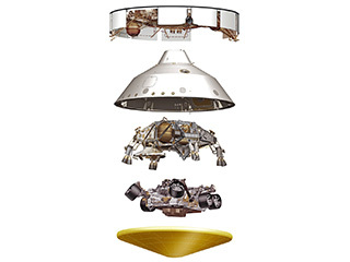 3D rendering of major Mars 2020 spacecraft parts in expanded view: cruise stage, backshell, descent stage, rover, heat shield