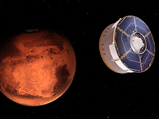 This illustration shows NASA’s Mars 2020 spacecraft carrying the Perseverance rover as it approaches Mars