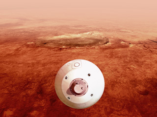 In this illustration, the aeroshell containing NASA’s Perseverance rover guides itself towards the Martian surface