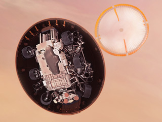 In this illustration, NASA’s Perseverance rover is very close to the Martian surface