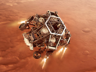 An illustration of NASA’s Perseverance rover as it fires up its descent stage engines