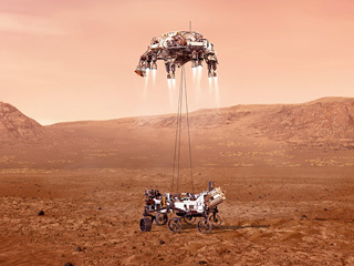 An illustration of NASA’s Perseverance rover landing safely on Mars. Hundreds of critical events must execute perfectly and exactly on time for the rover to land safely on Feb. 18, 2021. 
