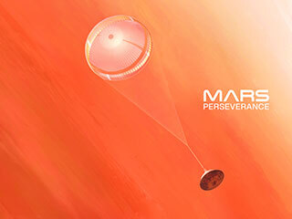Spacecraft with parachute and orange background