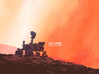 Perseverance rover on Mars rocks with orange background