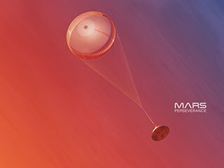 Mars 2020 spacecraft lowered with parachute and gradient background