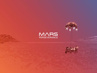 Perseverance rover touching down on Mars with gradient background