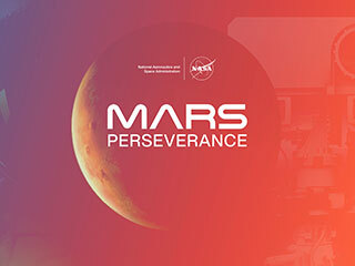 Graphic of Mars with an astronaut and rover behind with gradient background