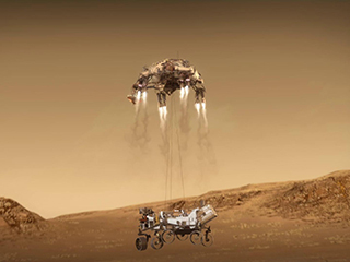 ​After nearly 300 million miles (470 million km), NASA’s Perseverance rover completes its journey to Mars on Feb. 18, 2021.