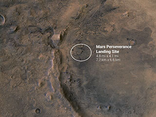 Mars with circle around the landing site