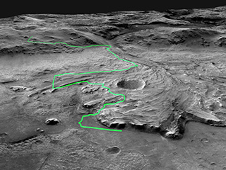 This annotated mosaic depicts a possible route the Mars 2020 Perseverance rover could take across Jezero Crater as it investigates several ancient environments that may have once been habitable. 