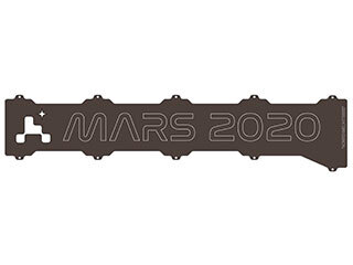 A long rectangular shape with a stylized rover and the words “Mars 2020” written across it, and a small string of 17 characters along the right side