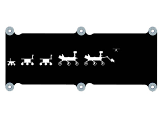 A black, rectangular drawing with profiles of five white rovers in a row and a small helicopter hovering
