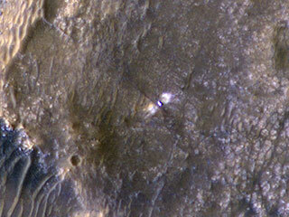 The HiRISE camera aboard NASA’s Mars Reconnaissance Orbiter took this image of the Perseverance rover on Feb. 24, 2021.