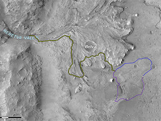 This image shows two possible routes (blue and purple) to the fan-shaped deposit of sediments known as a delta for NASA’s Perseverance rover on Mars. The yellow line marks a notional traverse exploring the Jezero delta. 