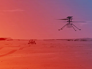 An illustration of NASA’s Ingenuity Helicopter flying on Mars.