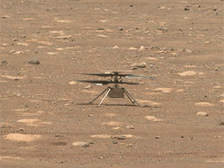 NASA’s Ingenuity helicopter does a slow spin test of its blades, on April 8, 2021, the 48th Martian day, or sol, of the mission. This image was captured by the Navigation Cameras on NASA’s Perseverance Mars rover.