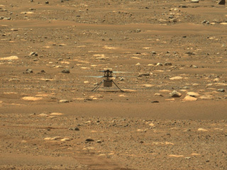 The first flight of NASA’s Ingenuity Mars Helicopter – and the first powered, controlled flight on another planet – was captured in this image from Mastcam-Z, a pair of zoomable cameras aboard NASA’s Perseverance Mars rover, on April 19, 2021.