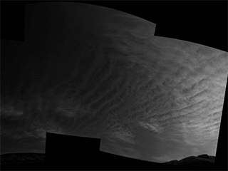 Using the navigation cameras on its mast, NASA’s Curiosity Mars rover took these images of clouds just after sunset on March 31, 2021, the 3,075th sol, or Martian day, of the mission.