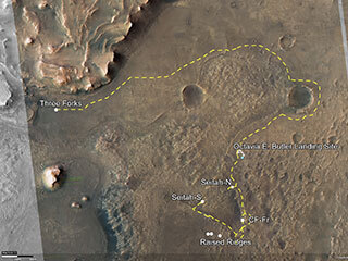 This annotated image of Jezero Crater depicts the routes for Perseverance’s first science campaign (yellow hash marks) as well as its second (light-yellow hash marks).  