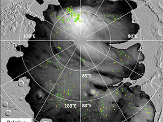 A map for which the colored dots represent sites where bright radar reflections have been spotted by ESA’s Mars Express orbiter at Mars’ south polar cap. 