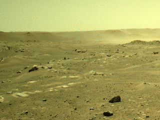 This series of images from a navigation camera aboard NASA’s Perseverance rover shows a gust of wind sweeping dust across the Martian plain beyond the rover’s tracks on June 18, 2021 (the 117th sol, or Martian day, of the mission).