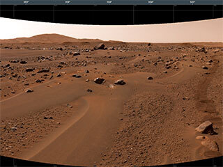 This image of a Martian vista in Jezero Crater, made from smaller individual images, was taken by NASA’s Perseverance rover on July 3, 2021 (the 131th sol, or Martian day, of its mission).