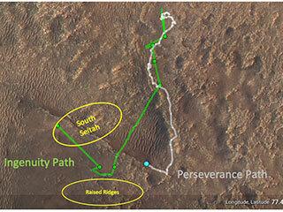 This annotated image depicts the ground tracks of NASA's Perseverance rover (white) and Ingenuity Mars Helicopter (green) since arriving on Mars on Feb. 18, 2021.