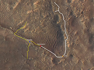Mars map containing depiction of the ground track (indicated in white) of NASA’s Perseverance rover since it arrived on Mars on Feb. 18, 2021.