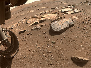 NASA’s Perseverance Mars rover will abrade the rock at the center of this image, allowing scientists and engineers to assess whether it would hold up to the rover’s more powerful sampling drill.