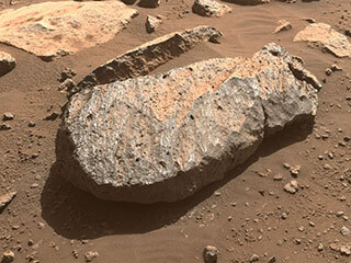 A close-up of the rock, nicknamed “Rochette,” that the Perseverance science team will examine in order to determine whether to take a rock core sample from it.