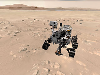 Mars Perseverance rover shown at its landing site in Jezero Crater in this view from the “Explore with Perseverance” 3D web experience.