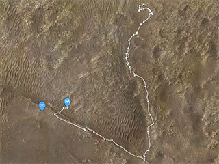 Mars Perseverance rover shown daily in an interactive map called “Where is Perseverance?”. The tool shows the path taken by the rover (marked in white) and key stops along the way.  