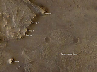 This annotated image indicates the locations of NASA’s Perseverance rover (lower right), as well as the “Kodiak” butte (lower left) and several prominent steep banks known as escarpments, or scarps, along the delta of Jezero Crater.