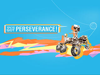 This colorful illustration depicts NASA’s Perseverance Rover on Mars, where it landed in February 2021.