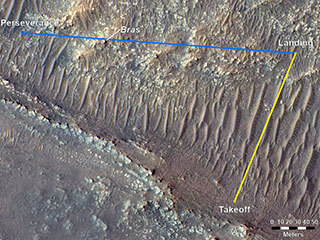 Perseverance's location is indicated in the upper left, with the blue line depicting its line of sight to the helicopter’s Flight 17 landing spot. 