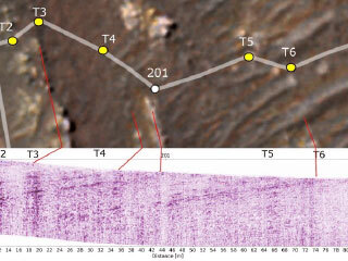 This graphic depicts Perseverance’s entry into “Séítah” from both an orbital and subsurface perspective. The lower image is a subsurface “radargram” from the rover’s RIMFAX instrument; the red lines indicate link subsurface features to erosion-resistant rocky outcrops visible above the surface. 