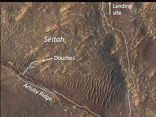 These annotated images show two views of the “Séítah” geologic unit of Mars’ Jezero Crater. 