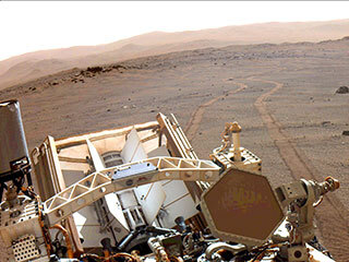 NASA’s Perseverance Mars rover looks back at its wheel tracks on March 17, 2022, the 381st Martian day, or sol, of the mission.