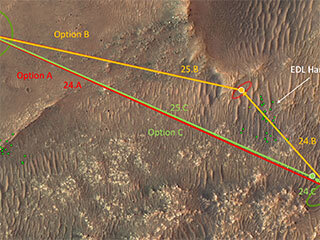 This annotated overhead image from the HiRISE camera aboard NASA’s Mars Reconnaissance Orbiter (MRO) depicts three options for the agency’s Mars Ingenuity Helicopter to take on flights out of the “Séítah” region, as well as the location of the entry, descent, and landing (EDL) hardware. 
