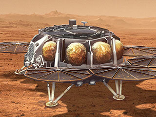 This illustration shows a concept for a proposed NASA Sample Retrieval Lander that would carry a small rocket (about 10 feet, or 3 meters, tall) called the Mars Ascent Vehicle to the Martian surface.