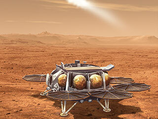 This illustration shows a concept for a proposed NASA Mars lander-and-rocket combination that would play a key role in returning to Earth samples of Mars material collected by the Perseverance rover.