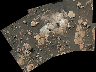 This mosaic shows a rocky outcrop called “Wildcat Ridge,” where the rover extracted two rock cores and abraded a circular patch to investigate the rock’s composition. 