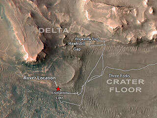 NASA’s Perseverance rover has been investigating rocks at the front of the delta in Mars’ Jezero Crater along the path indicated in this annotated image taken by the agency’s Mars Reconnaissance Orbiter (MRO). 
