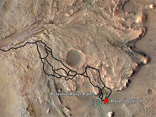 This annotated image highlights potential routes that NASA’s Perseverance team is considering in September 2022 for the rover to drive from the front of an ancient river delta to the rim of Jezero Crater. 