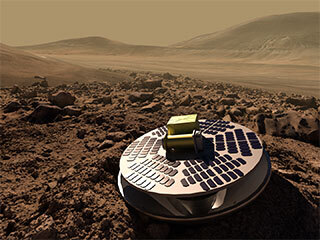 An illustration of SHIELD, a Mars lander concept that would allow lower-cost missions to reach the Red Planet’s surface by safely crash landing, using a collapsible base to absorb the impact.