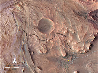 This map shows the planned route NASA’s Perseverance Mars rover will take across the top of Jezero Crater’s delta in 2023. The rover’s planned route is in black while the ground it already covered is in white.