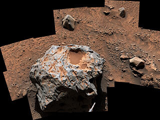 NASA's Curiosity Mars rover captured this iron-nickel meteorite nicknamed Cacao on Jan, 28, 2023. This meteorite is estimated to be about 1 foot (30 centimeters) across.