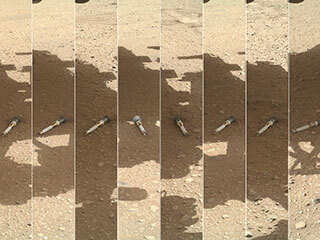 This photomontage shows each of the sample tubes deposited by NASA’s Perseverance Mars rover at the “Three Forks” sample depot, as viewed by the WATSON camera on the end of the rover’s robotic arm.