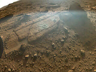 This image shows the rocky outcrop the Perseverance science team calls Berea after the NASA Mars rover extracted a rock core and abraded a circular patch. The image was taken by one of the rover’s front hazard cameras on March 30, 2023, the 749th Martian day, or sol, of the mission.